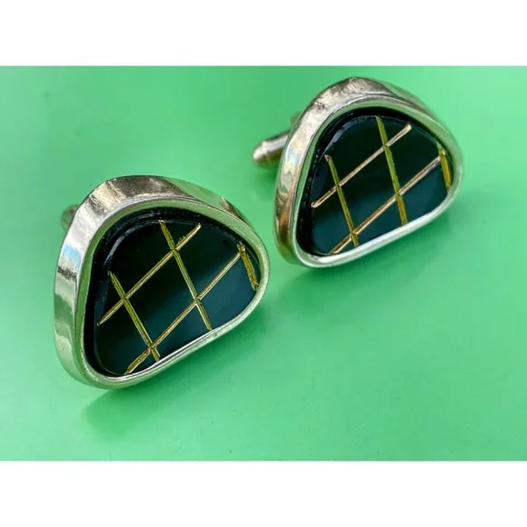 Vintage 1960s Chunky Mens Cufflinks Black Glass Matrix - Picture 6 of 8